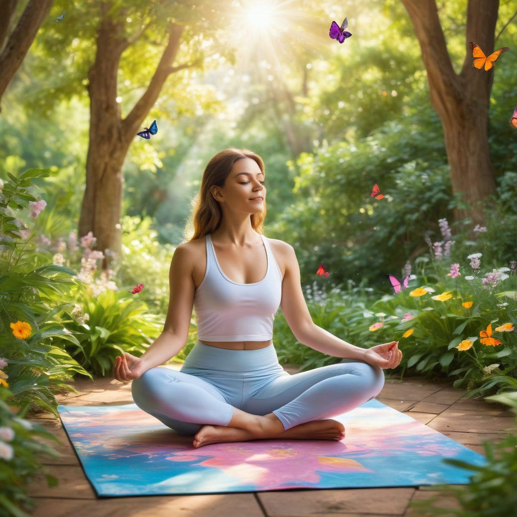 A serene scene depicting an independent woman practicing self-love, surrounded by lush nature. She is meditating on a colorful yoga mat, radiant sunlight filtering through the trees, with blooming flowers and butterflies around her. Include soft pastels and vibrant colors to convey joy and tranquility. super-realistic. bright colors. soft focus.