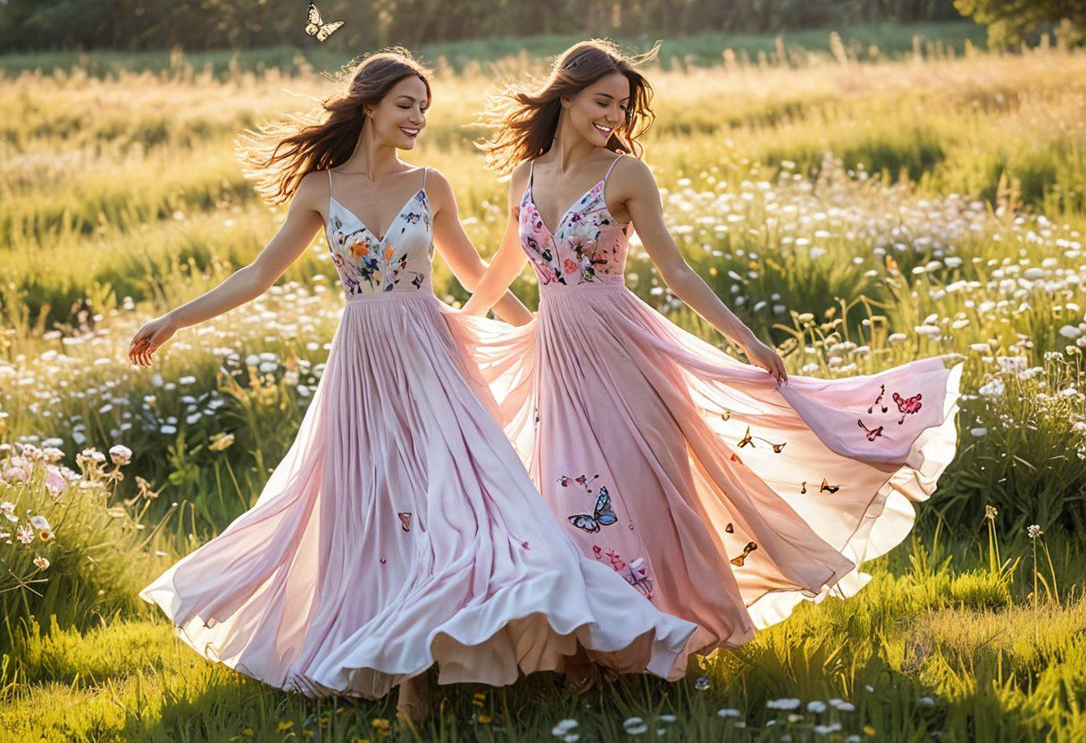 A serene woman in a flowing dress twirling in a sunlit meadow, surrounded by blooming flowers and butterflies. She radiates confidence and joy as she interacts with nature, symbolizing self-discovery and feminine energy. Soft pastel colors with a warm golden glow enhance the uplifting atmosphere of the scene. whimsical, ethereal, vibrant colors, painting.