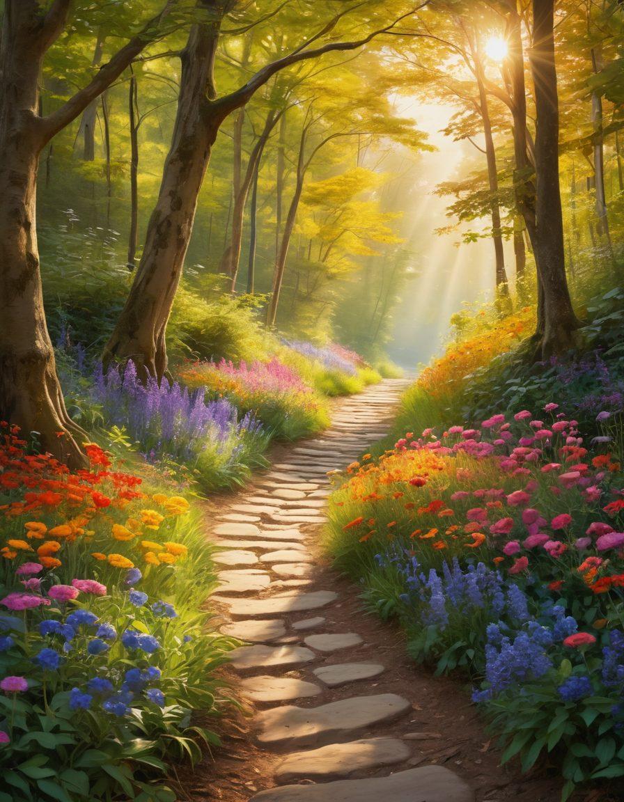 A serene, winding path through a lush forest, symbolizing a personal journey of self-discovery. Along the path, diverse colorful flowers bloom, representing different lifestyle choices and possibilities. A solitary figure walks confidently, basking in a warm golden sunlight that filters through the trees, embodying empowerment and tranquility. The scene exudes a sense of freedom and joy, inviting the viewer to embrace their own journey. vibrant colors. painting.